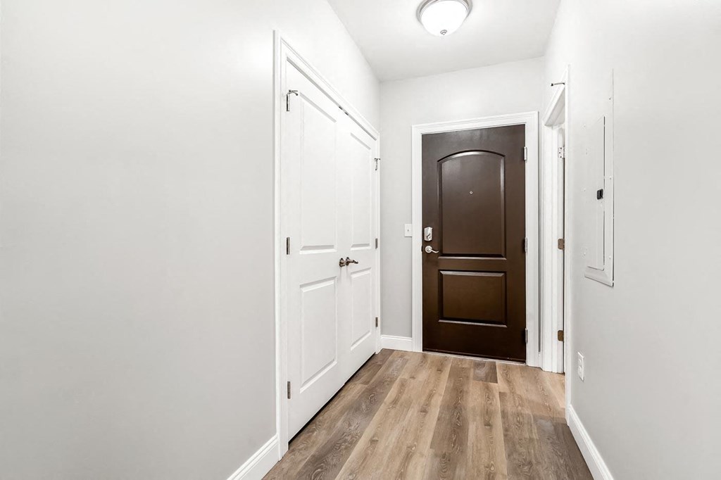 Ashland woods apartment with accented doorway, bright finishes, and vinyl wood flooring.