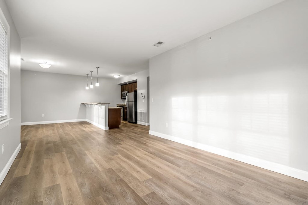 Large apartment floor plan living room and kitchen in background