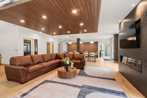 A modern living room with a brown leather sofa and a wooden coffee table.
