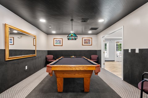 A pool table in a room with a mirror on the wall.