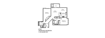 A floor plan of an apartment with two bedrooms and a bathroom.