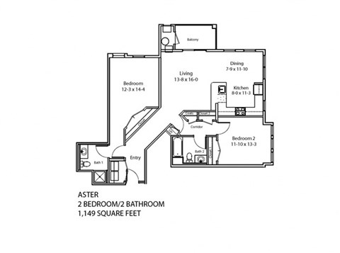 A floor plan of an apartment with two bedrooms and a bathroom.
