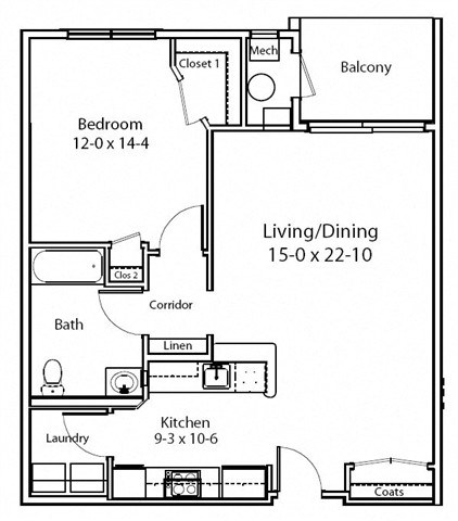 A floor plan of a small apartment with a bedroom, living/dining area, kitchen, bath, and closets.