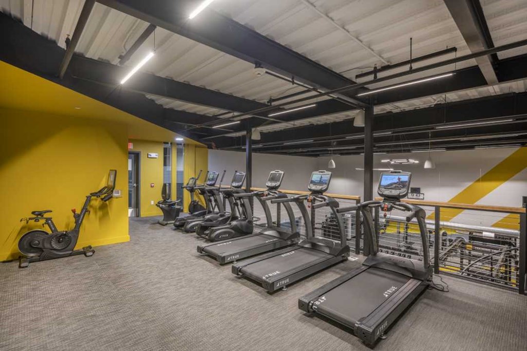 a room filled with lots of cardio equipment and weights