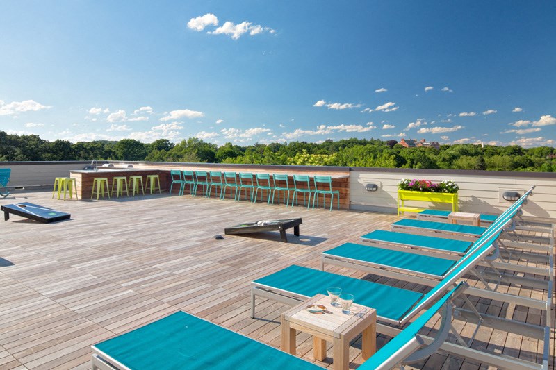 Rooftop deck with city skyline views