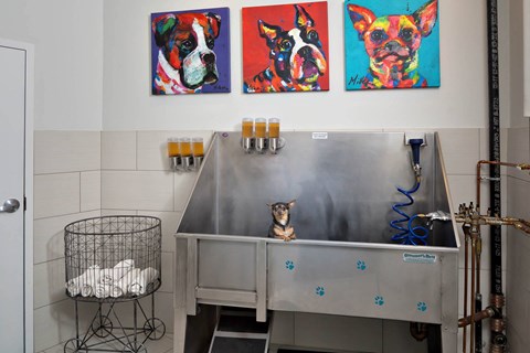 a dog sitting on a table in front of a painting of a dog