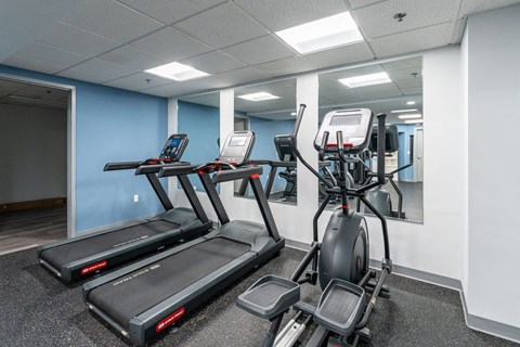 a gym with treadmills and elliptical machines