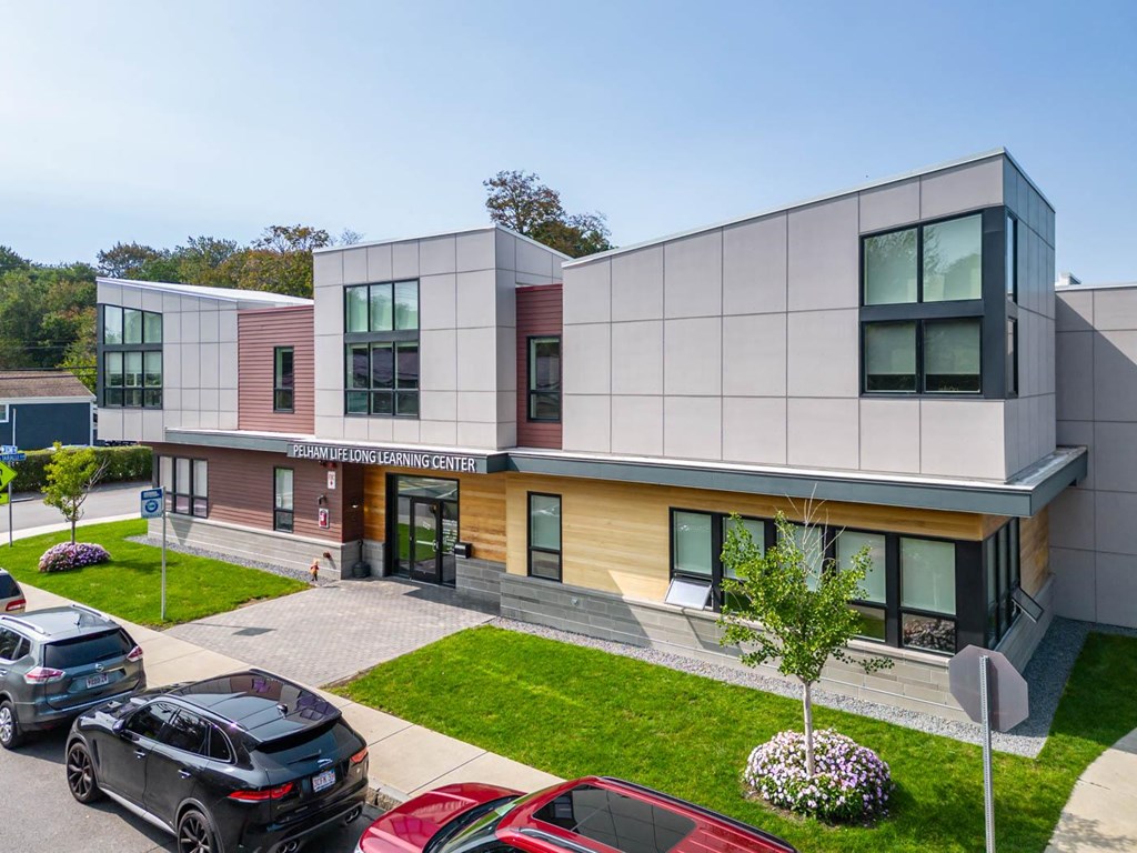Pelahm lifelong learning center from drone with cars