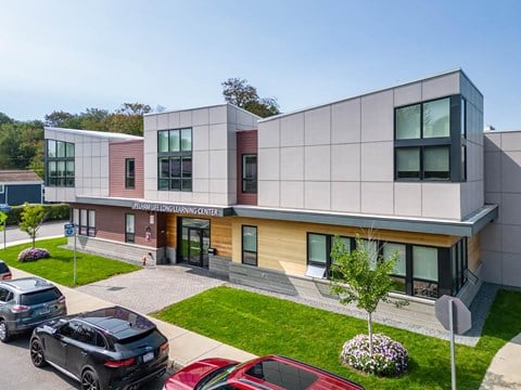 Pelahm lifelong learning center from drone with cars