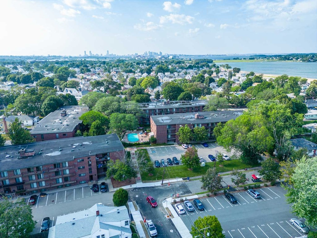 Aerial view of quincy commons near boston and beach
