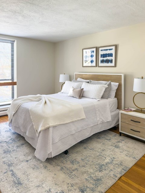 A bedroom with a large bed and a blue patterned rug.