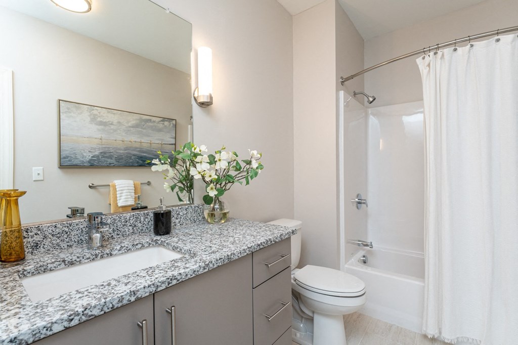 Model apartment bathroom with large mirror