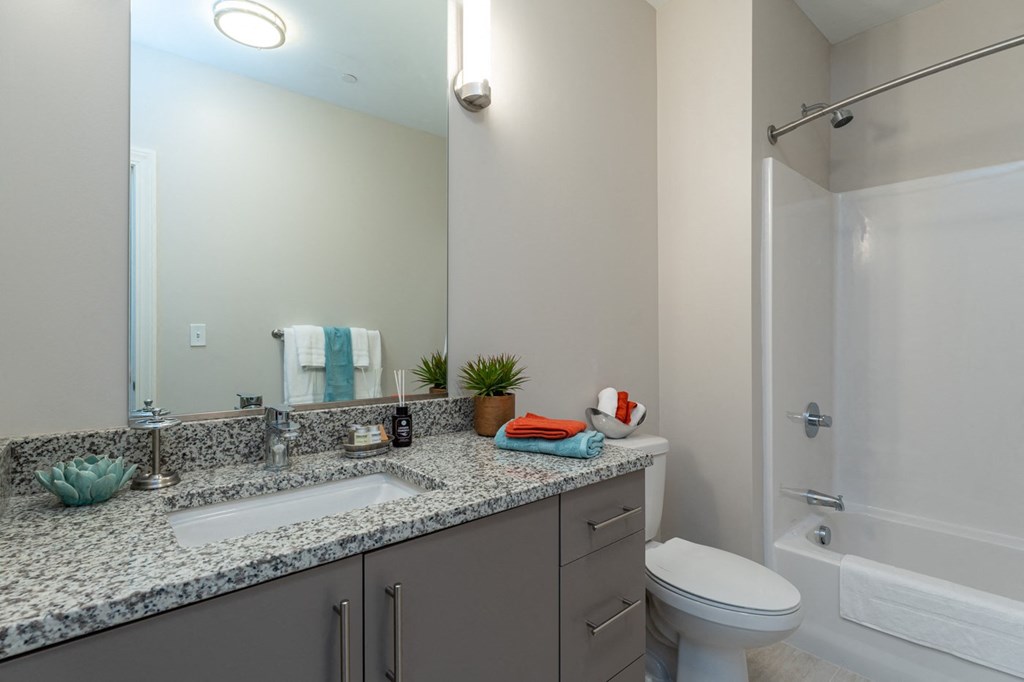 Two bedroom model apartment with gray cabinets, large mirror, and granite countertop