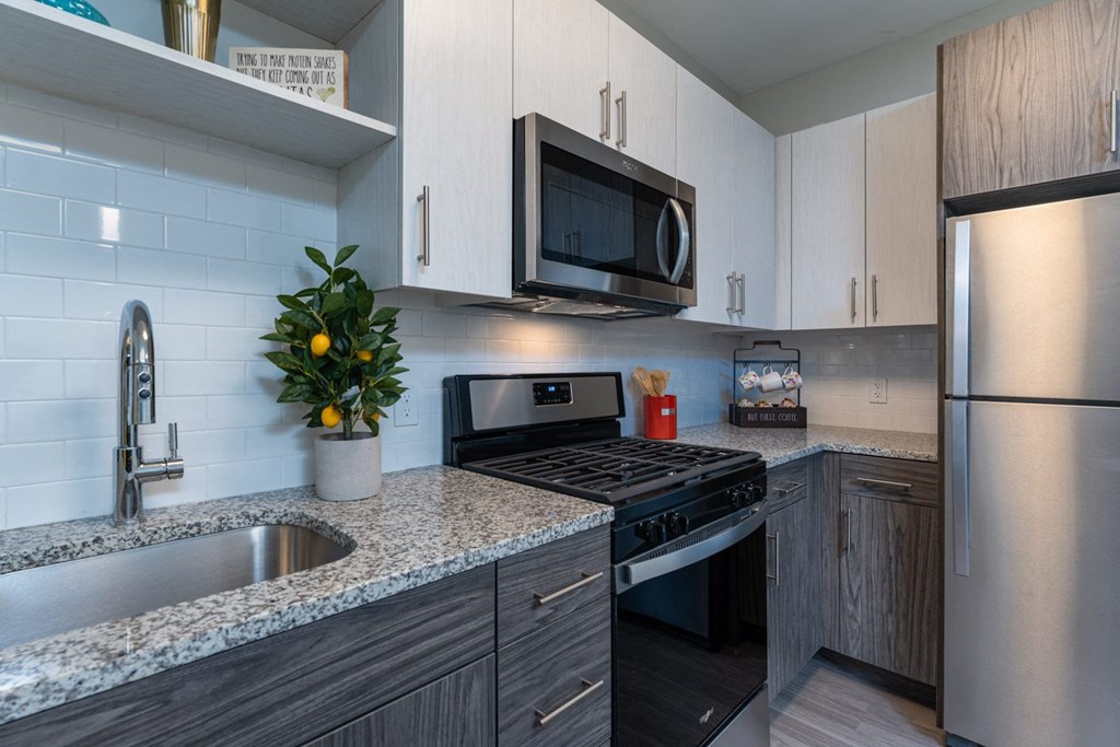 Redbrook model apartment with granite counters, stainless appliances, under cabinet lighting