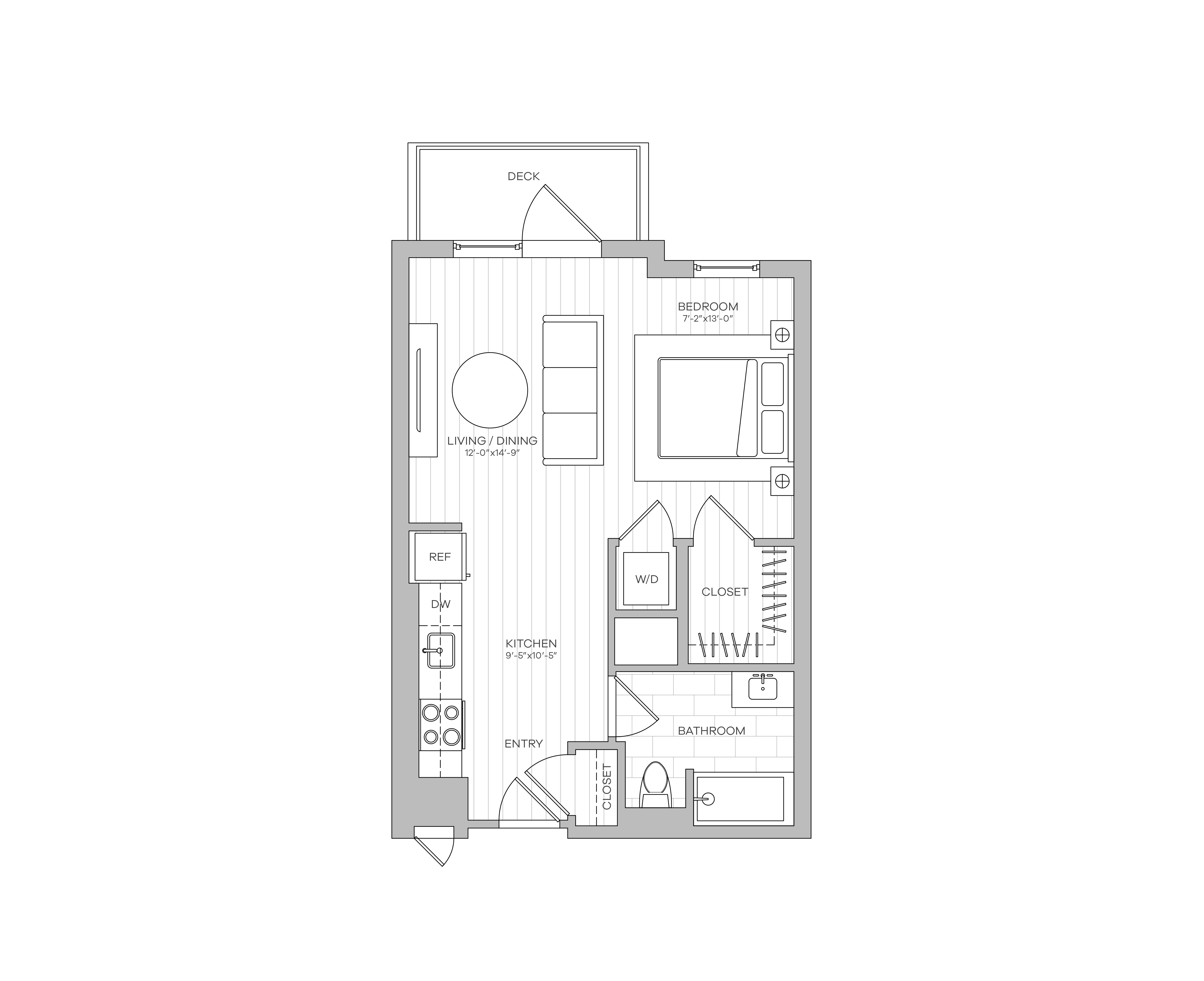 A floor plan of a house with a kitchen, living room, and bathrooms.