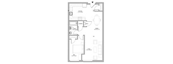 A floor plan of a house with a kitchen, living room, dining room, bathroom, and laundry area.