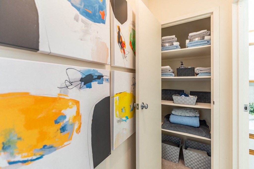 a closet with paintings on the wall and shelves
