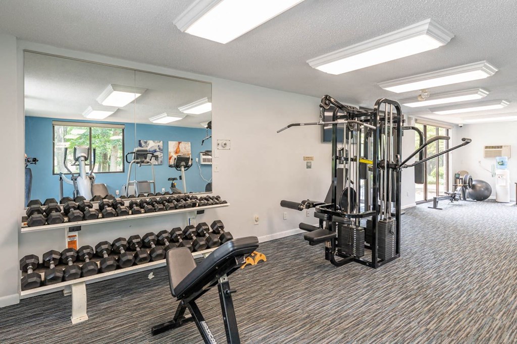 the fitness center has plenty of weights and cardio equipment at villas at park ridge