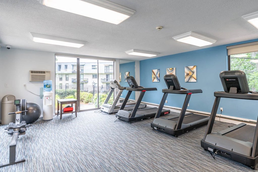 a gym with cardio equipment and a large window
