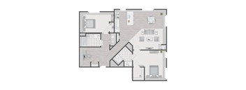 A floor plan of a house with a kitchen, living room, and two bedrooms.