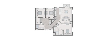 A floor plan of a house with a kitchen, living room, and two bedrooms.