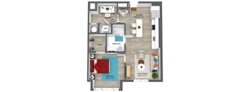 a floor plan of a one bedroom den apartment at union 346 with an island and in home washer dryer