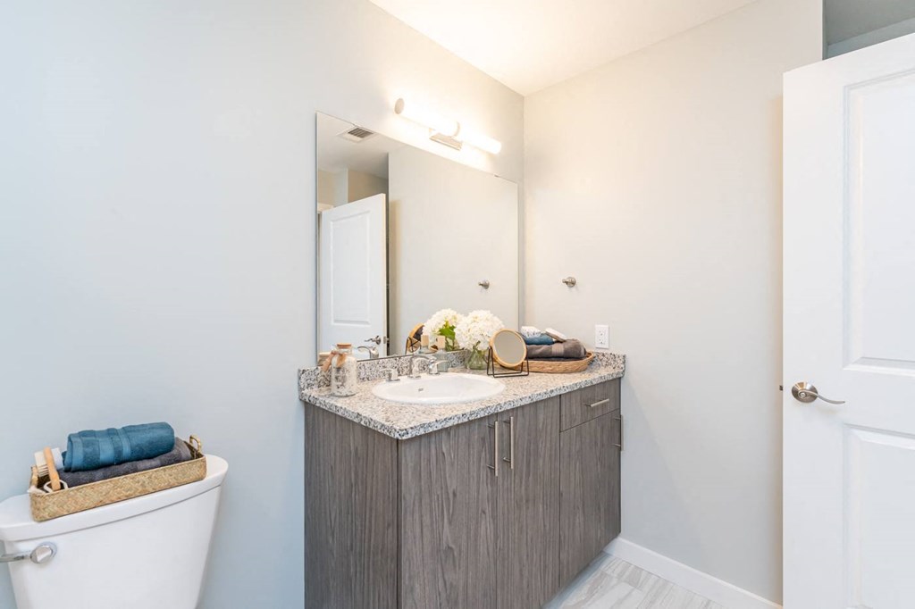 The Curtis Model Apartment Bathroom with large mirror and bright lighting