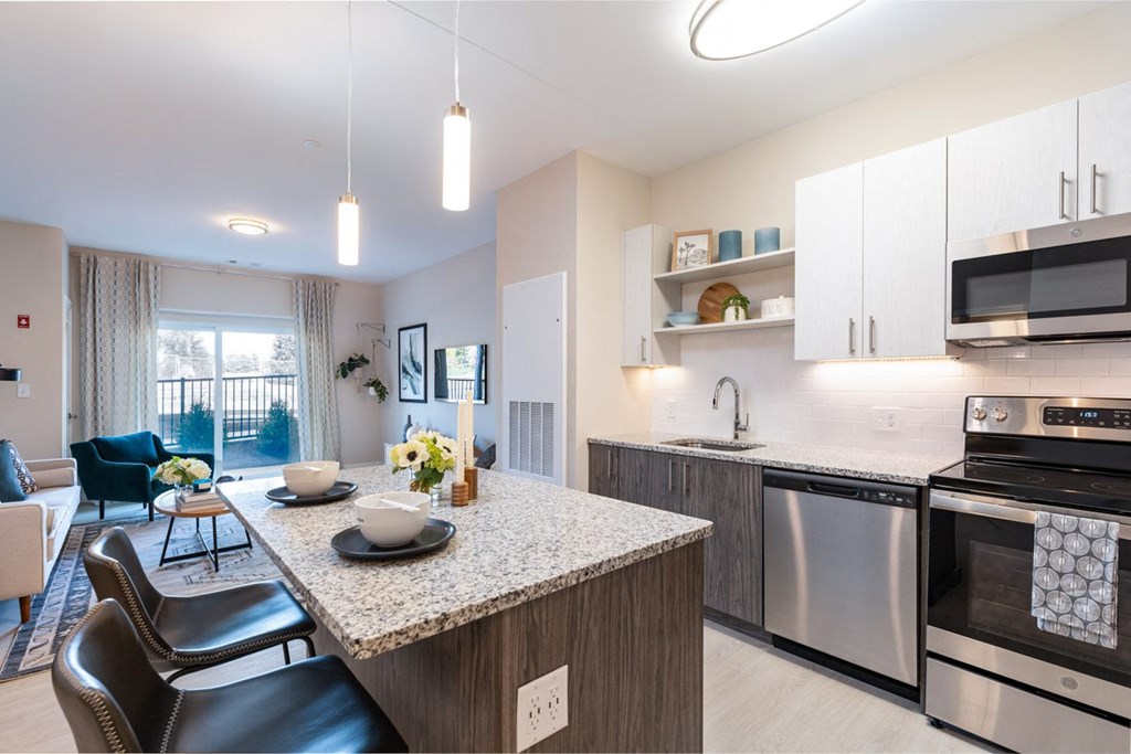 Kitchen and lounge area with stainless appliances and electric range