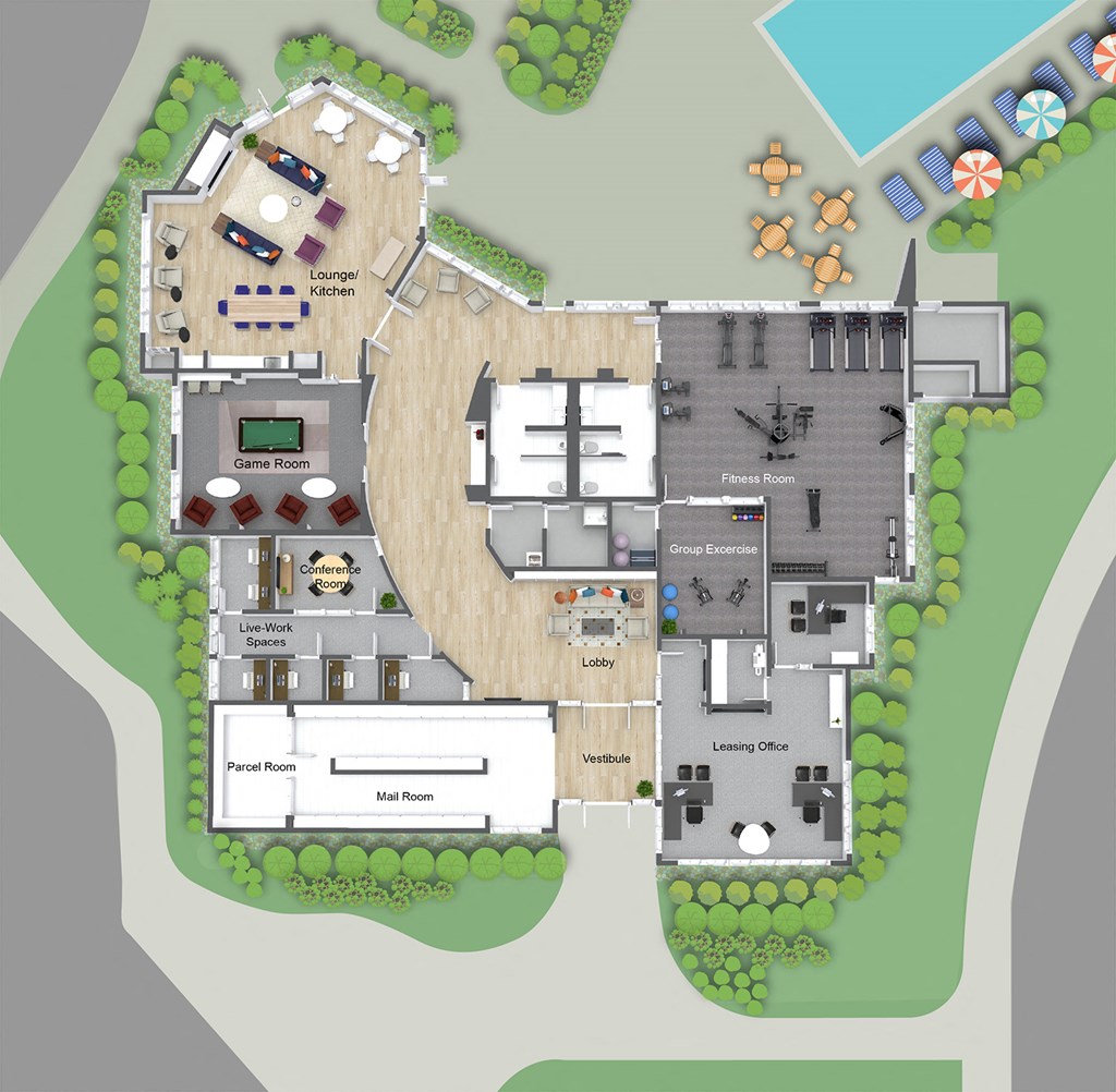 Floor plan of the clubhouse at The Curtis in Bellingham, MA
