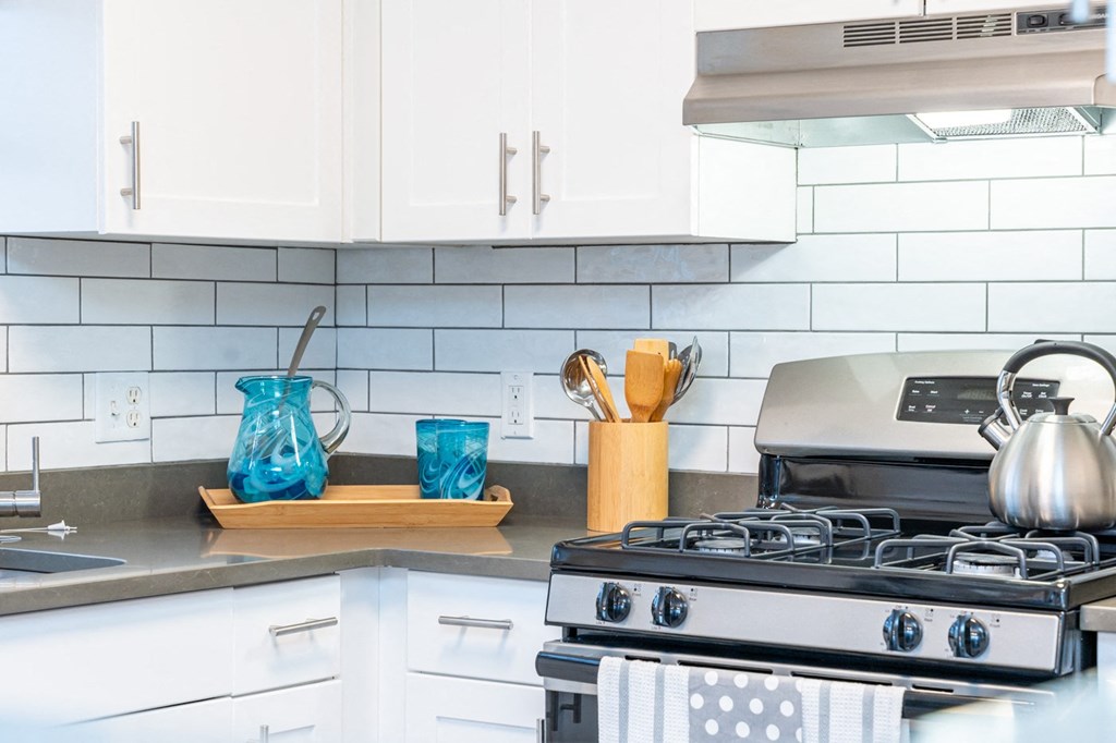 a white kitchen with a stove and a sink