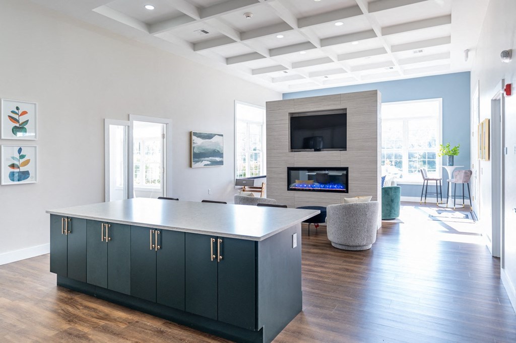 clubhouse with a fireplace and seating, entertaining kitchen in stoughton, the sto