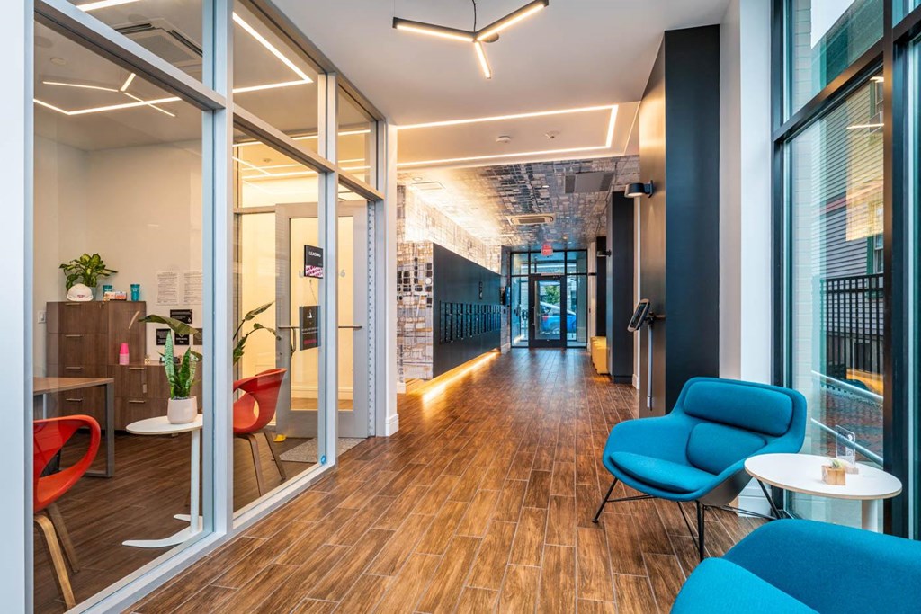 Union 346 main entryway and leasing center mail boxesat Union 346, Somerville