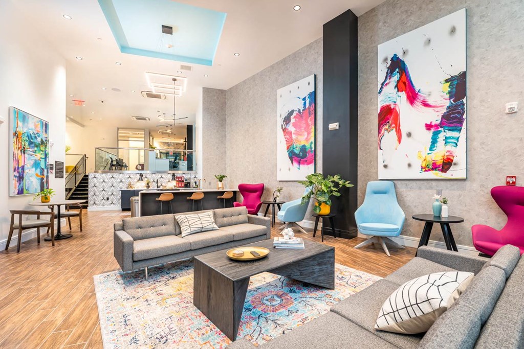 union 346 lounge with lounge seating, kitchen and fireplace at Union 346, Somerville, 02143