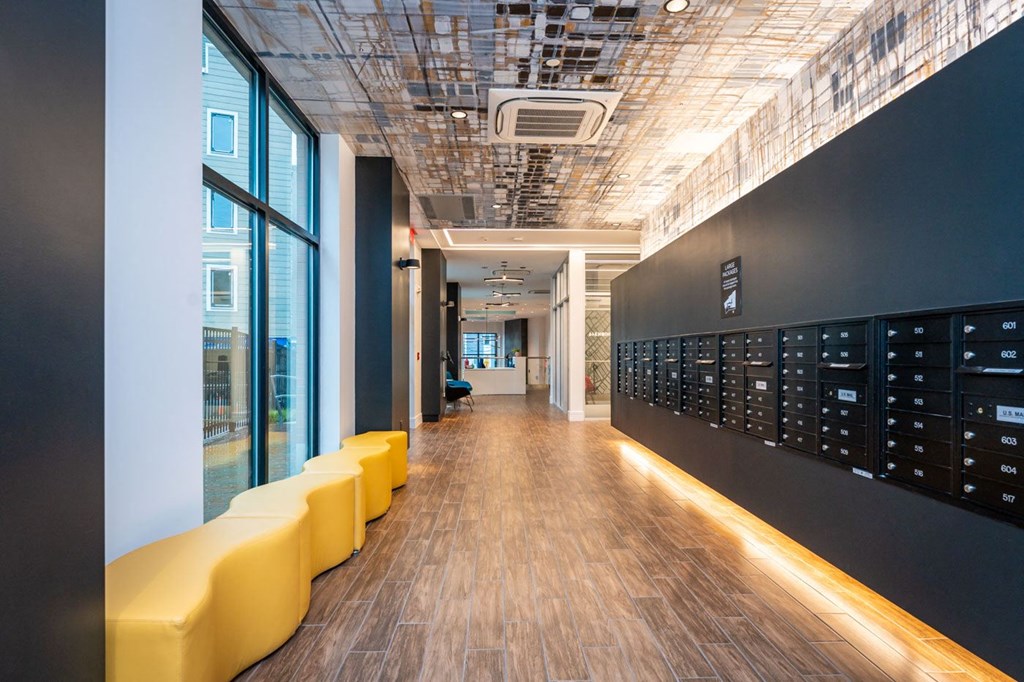 union 346 entryway with seating and mailboxes at Union 346, Somerville, MA