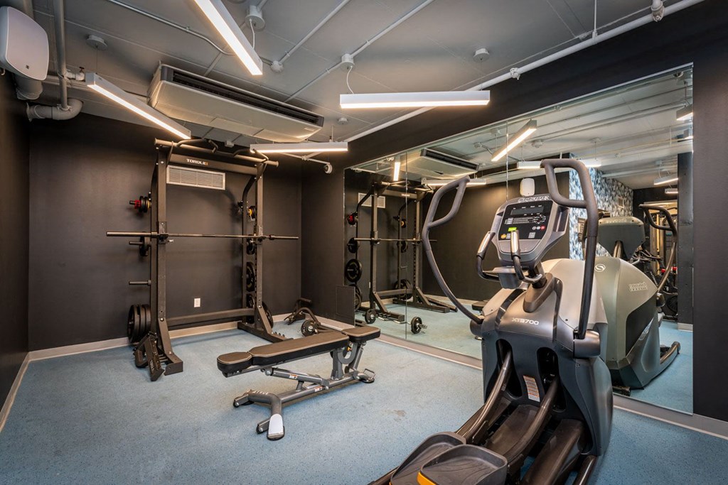 fitness center with bench and weights at Union 346, Somerville, MA 02143