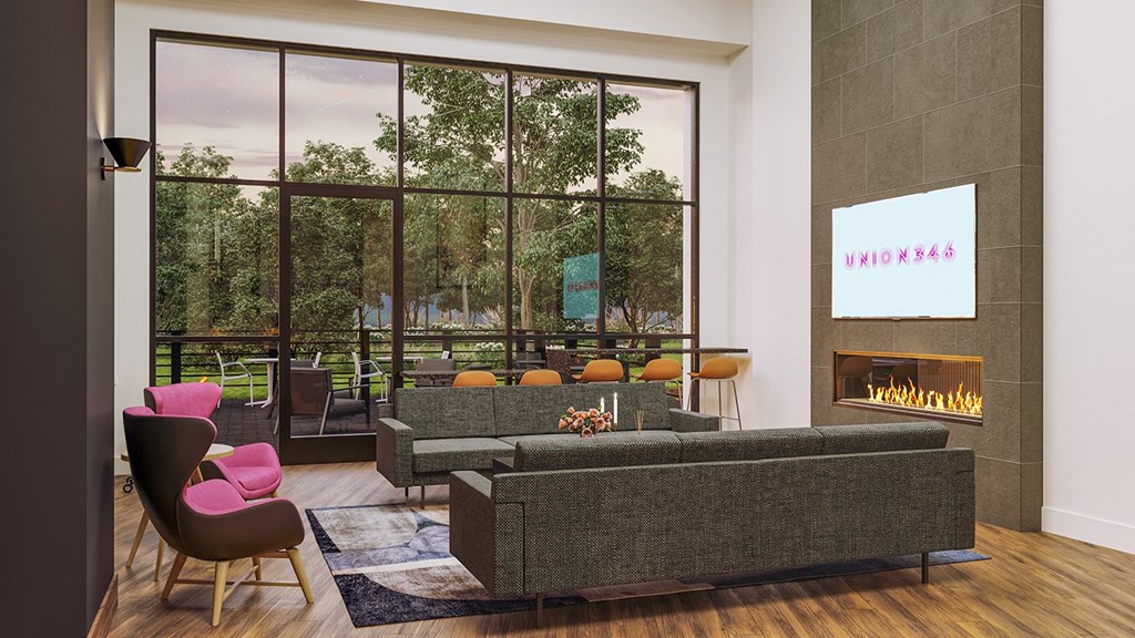 a rendering of a living room with a fireplace and large windows