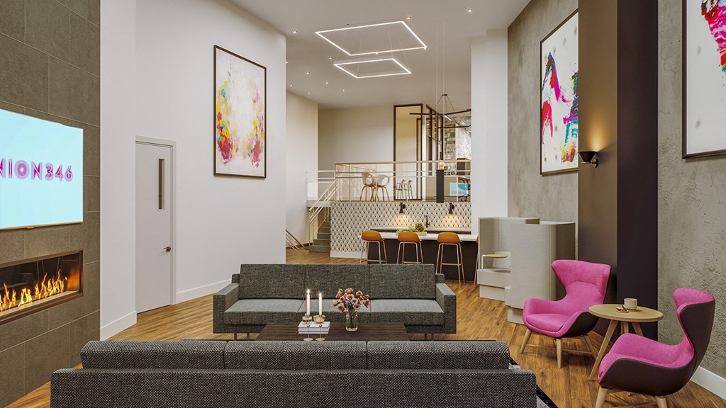 a rendering of a living room with couches and chairs  at Union 346, Massachusetts, 02143
