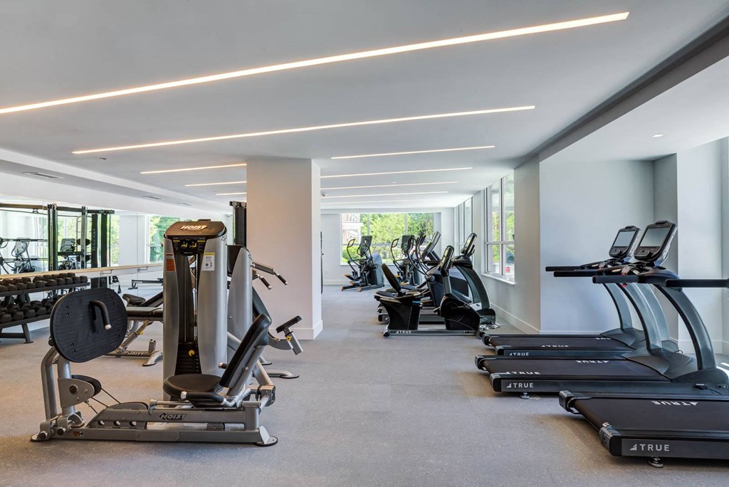 Large fitness center with cardio equipment and free weights