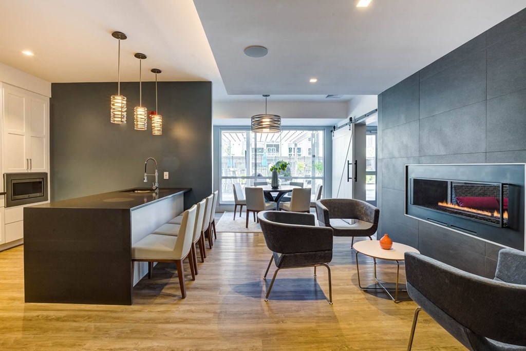 Community room kitchen with fireplace