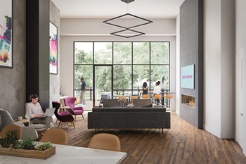 Union 346 Community Room with Fireplace TV overlooking courtyard green park - Photo Gallery 11