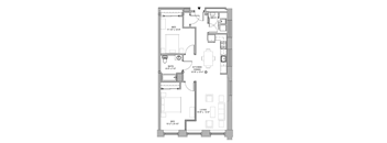 A floor plan of a house with a kitchen, two bathrooms, a living room, and two bedrooms.