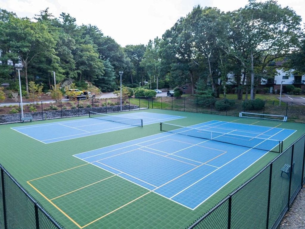 a couple of tennis courts striped for pickleball
