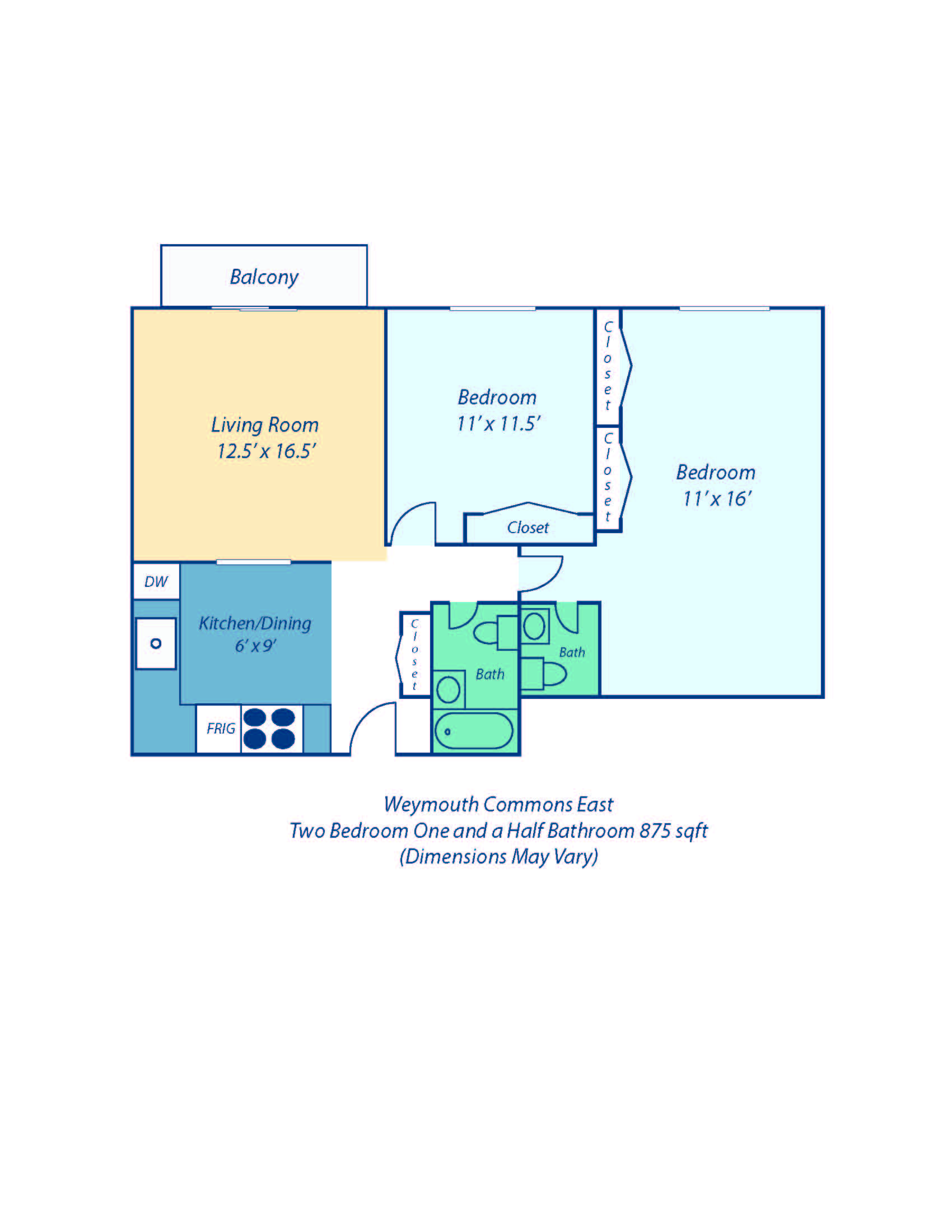 a floor plan of two bedroom one and a half bathroom apt