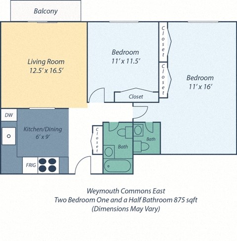 Weymouth commons 2 bed 1.5 baths floor plan image