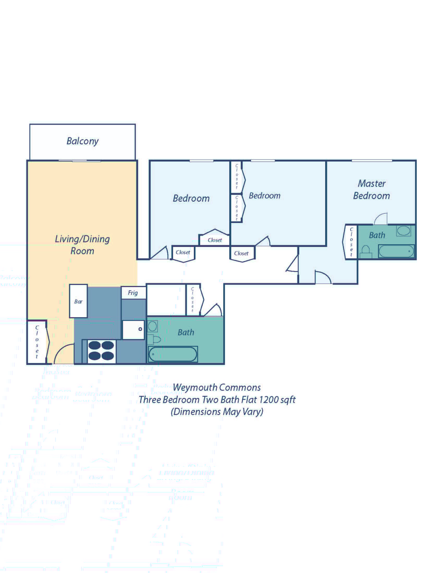 weymouth commons 3 bedroom floor plan with balcony
