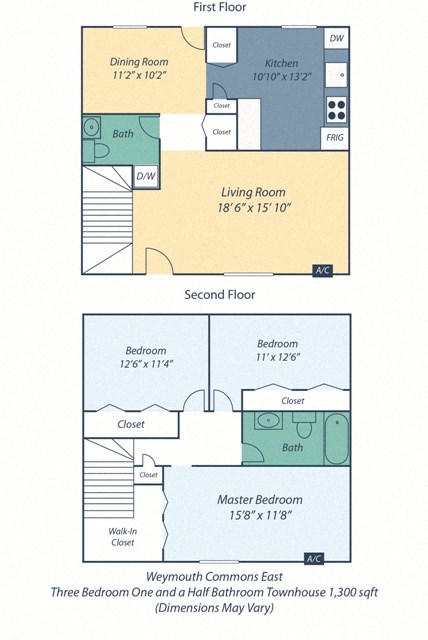 Three bedroom one and a half bathroom floor plan image townhouse