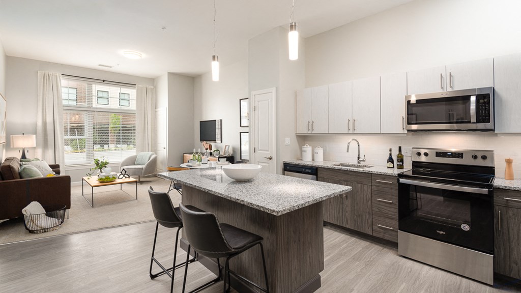 One bedroom den kitchen with granite counters, stainless appliances and large living room window