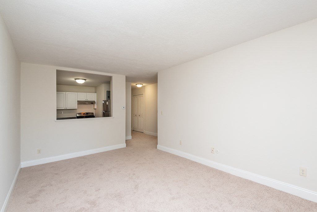 Quincy Commons one bedroom with kitchen lookout and plush carpeting