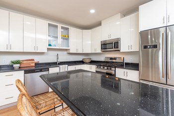 The sto one bedroom kitchen with black granite countertop, stainless appliances, and white vibrant cabinetry - Photo Gallery 4