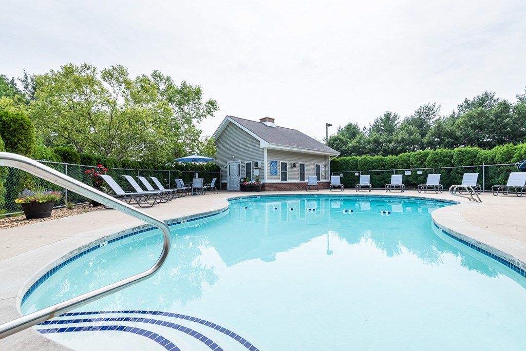 pool deck with seating and surrounding foliage